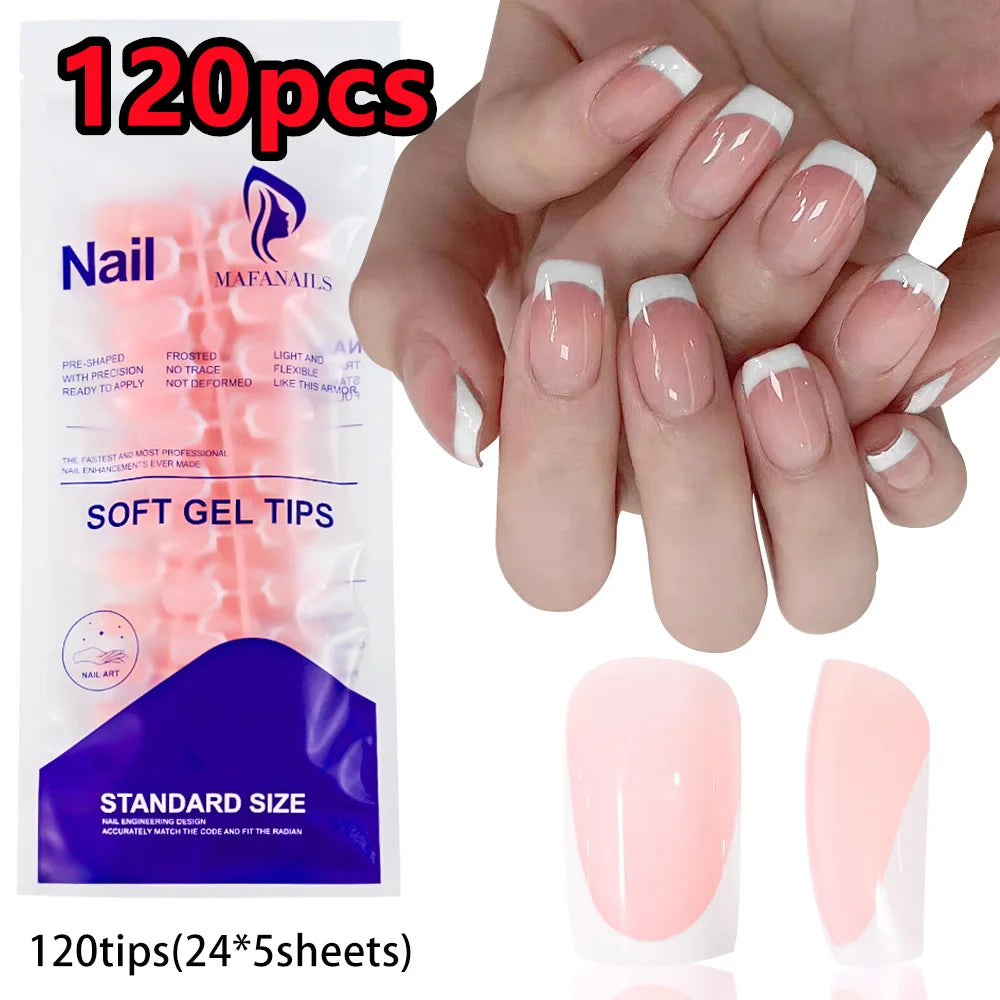120/240Pcs Nude Pink Almond Press On Nails White-Edge French Glossy Almond Fake Nails Full Cover Soft Gel Nude Pink Nail Tips