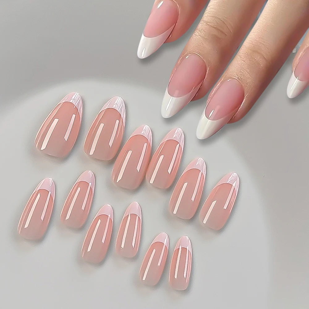 120/240Pcs Nude Pink Almond Press On Nails White-Edge French Glossy Almond Fake Nails Full Cover Soft Gel Nude Pink Nail Tips