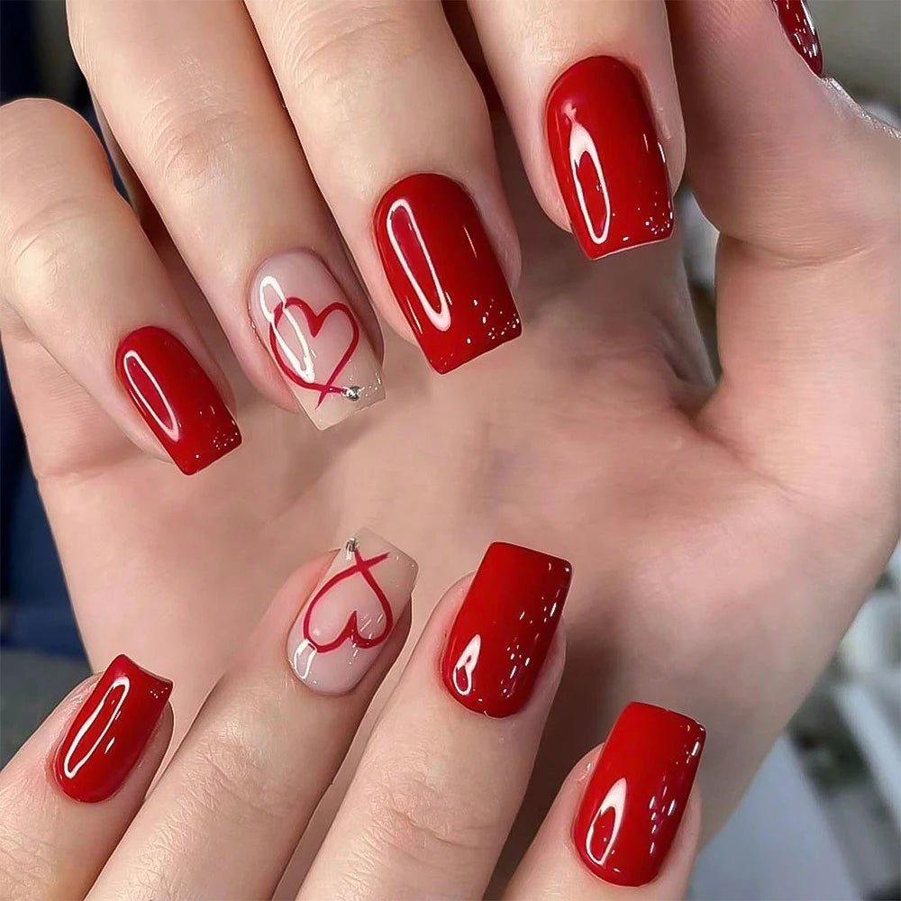 24Pcs Glossy Red Love Heart Press On Nails Cute Valentine's Day Short Square Red Heart False Nails Full Cover Acrylic Nails Tips