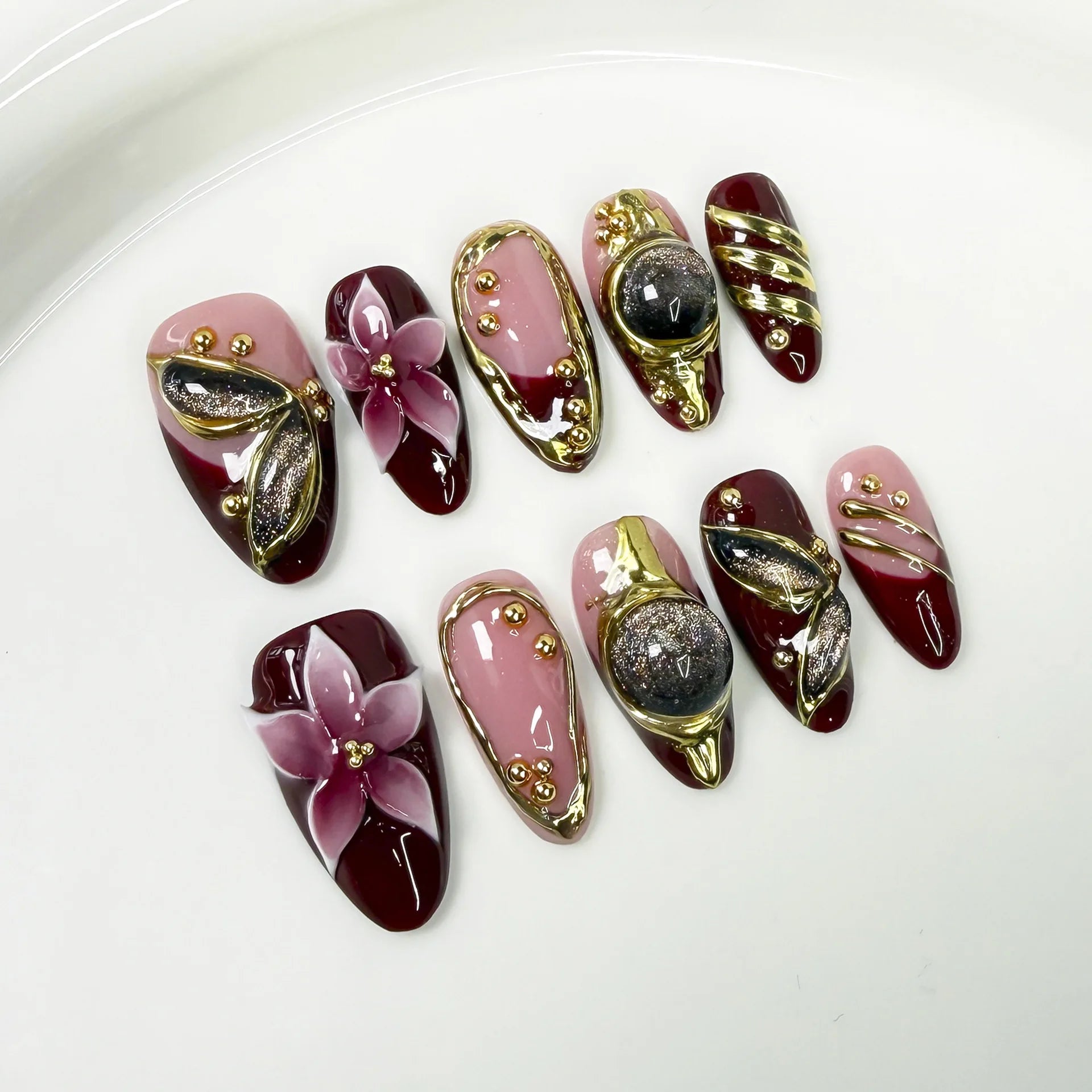 10Pcs Leopard Print French Almond Handmade Press on Nails 3D Flower Fake Nails Spicy Girls False Nail Uñas Накладные Ногти 네일팁