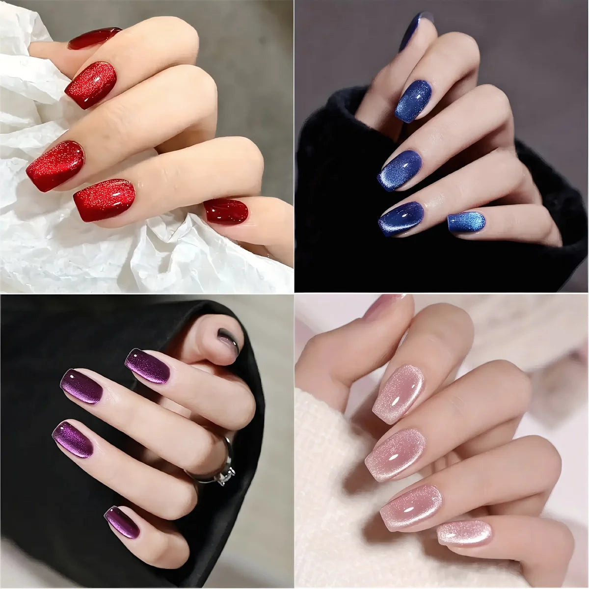 24pcs/set Cool Tone Cat Eye Press on Nails Mid-Square Pure Solid Cat-Eye 4 Colors Gradient Cat eye Women's Daily Wear Fake Nails