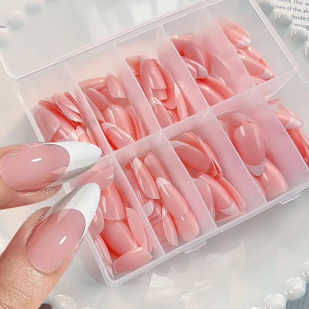 120/240Pcs Nude Pink Almond Press On Nails White-Edge French Glossy Almond Fake Nails Full Cover Soft Gel Nude Pink Nail Tips