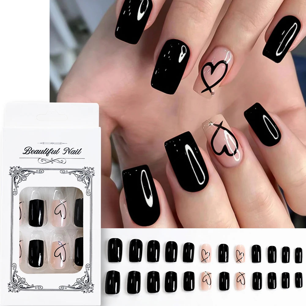 24Pcs Glossy Black Valentine's Day Press On Nails Cute Short Square Hollow Love Heart False Nails Full Cover Acrylic Nails Tips