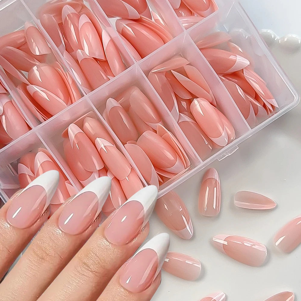 120/240Pcs Nude Pink Almond Press On Nails White-Edge French Glossy Almond Fake Nails Full Cover Soft Gel Nude Pink Nail Tips