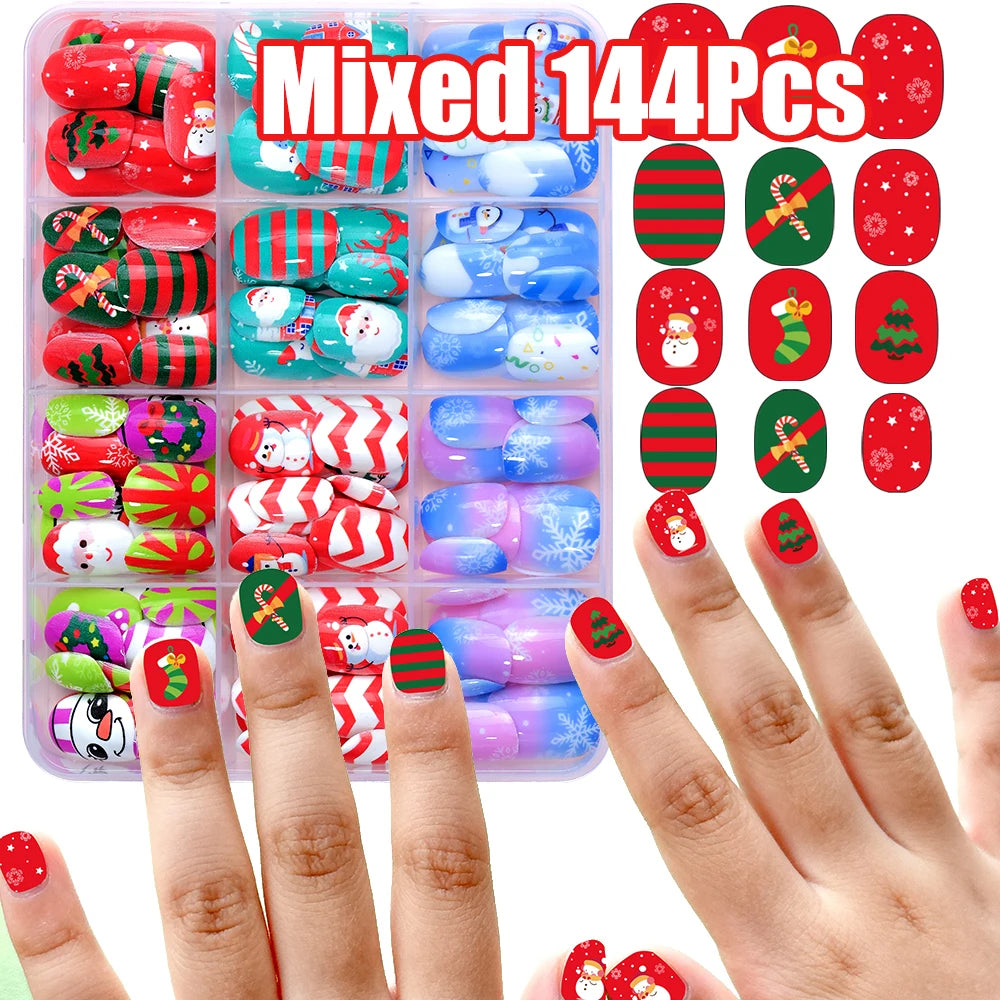 12gridsx12=144pcs Christmas Children Fake Nails Red/Blue Square Round Press On Nails With Cartoon Snowman/Snowflake Nail Tips