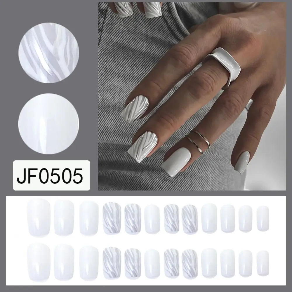 24PCS Short Square False Nails French White Edge Fake Nials Silver Flame Full Cover Press On Nails Detachable Ballerina Nail Tip