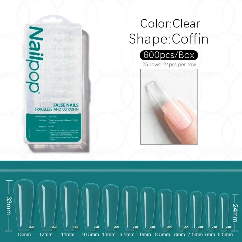 Nailpop 600pcs PRO Fake Nails Full Cover False Nail Tips Acrylic Nail Capsules Professional Material Finger Soak Off Gel Tips