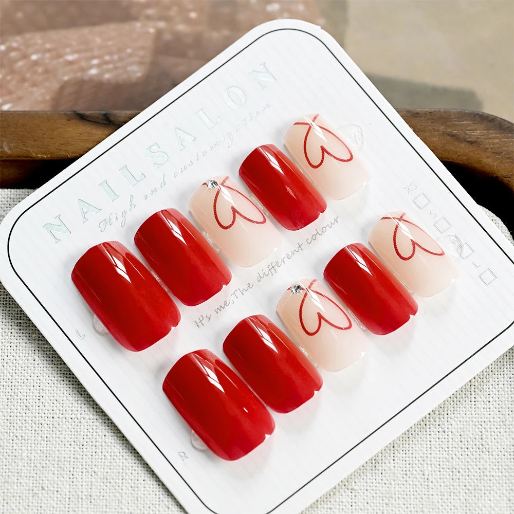 24Pcs Glossy Red Love Heart Press On Nails Cute Valentine's Day Short Square Red Heart False Nails Full Cover Acrylic Nails Tips