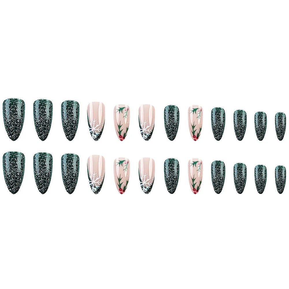 24pcs Christmas Press on Nails Green Tree Christmas False Nails Reusable Acrylic Fake Nails French Almond Nail Charm