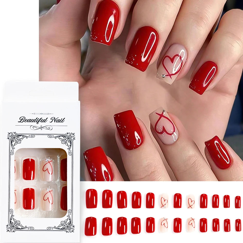 24Pcs Glossy Red Love Heart Press On Nails Cute Valentine's Day Short Square Red Heart False Nails Full Cover Acrylic Nails Tips