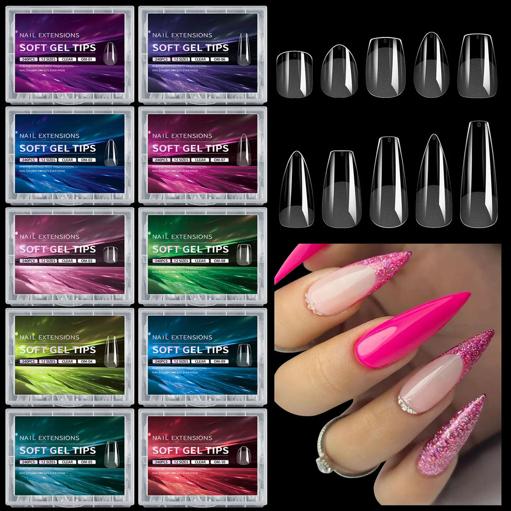 Luxury False Nail Tips Soft Gel Fingertip Semi-matte Capsules Almond French Coffin Full Cover Artificial Fake Nails Extension