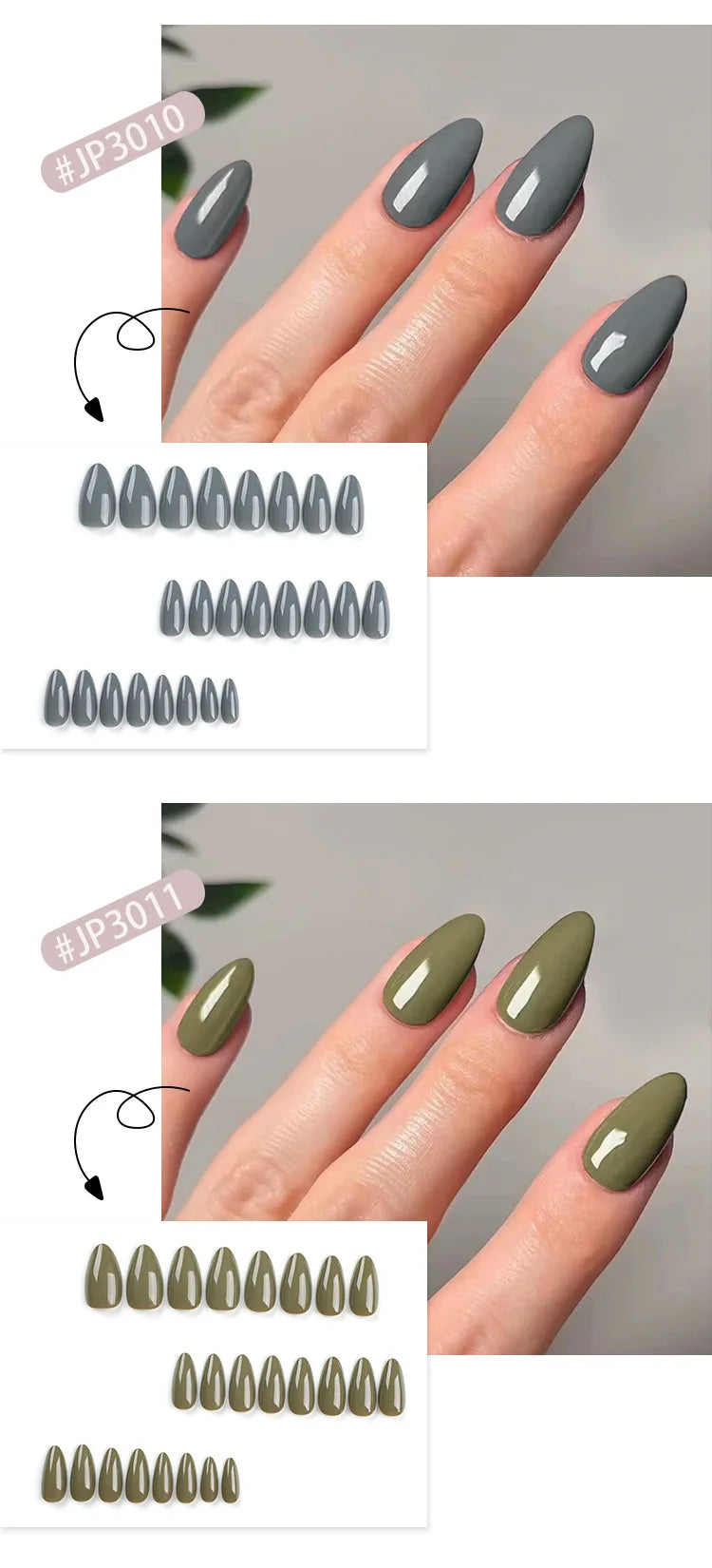 Classic Glossy Solid Color Long Pointed Fake Nails Brown Green Grey Blue Detachable Finished False Nails Press on Nail with Glue