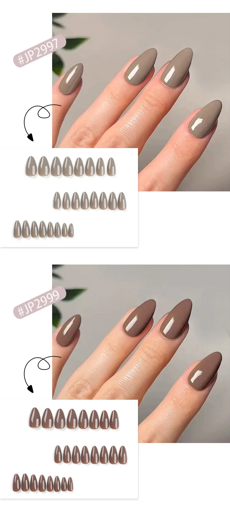 Classic Glossy Solid Color Long Pointed Fake Nails Brown Green Grey Blue Detachable Finished False Nails Press on Nail with Glue