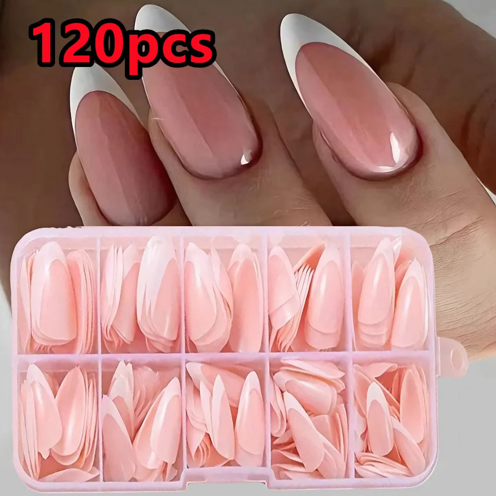 120/240Pcs Nude Pink Almond Press On Nails White-Edge French Glossy Almond Fake Nails Full Cover Soft Gel Nude Pink Nail Tips