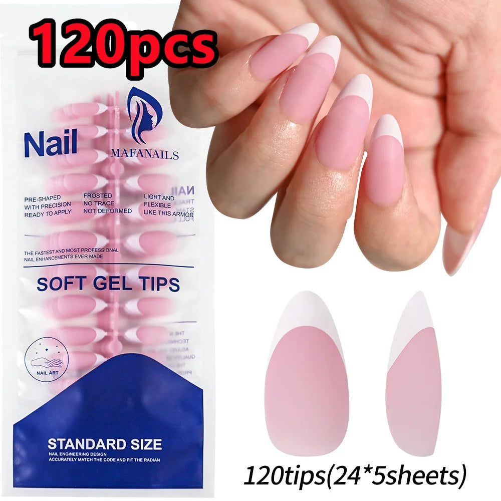 120/240Pcs Nude Pink Almond Press On Nails White-Edge French Glossy Almond Fake Nails Full Cover Soft Gel Nude Pink Nail Tips