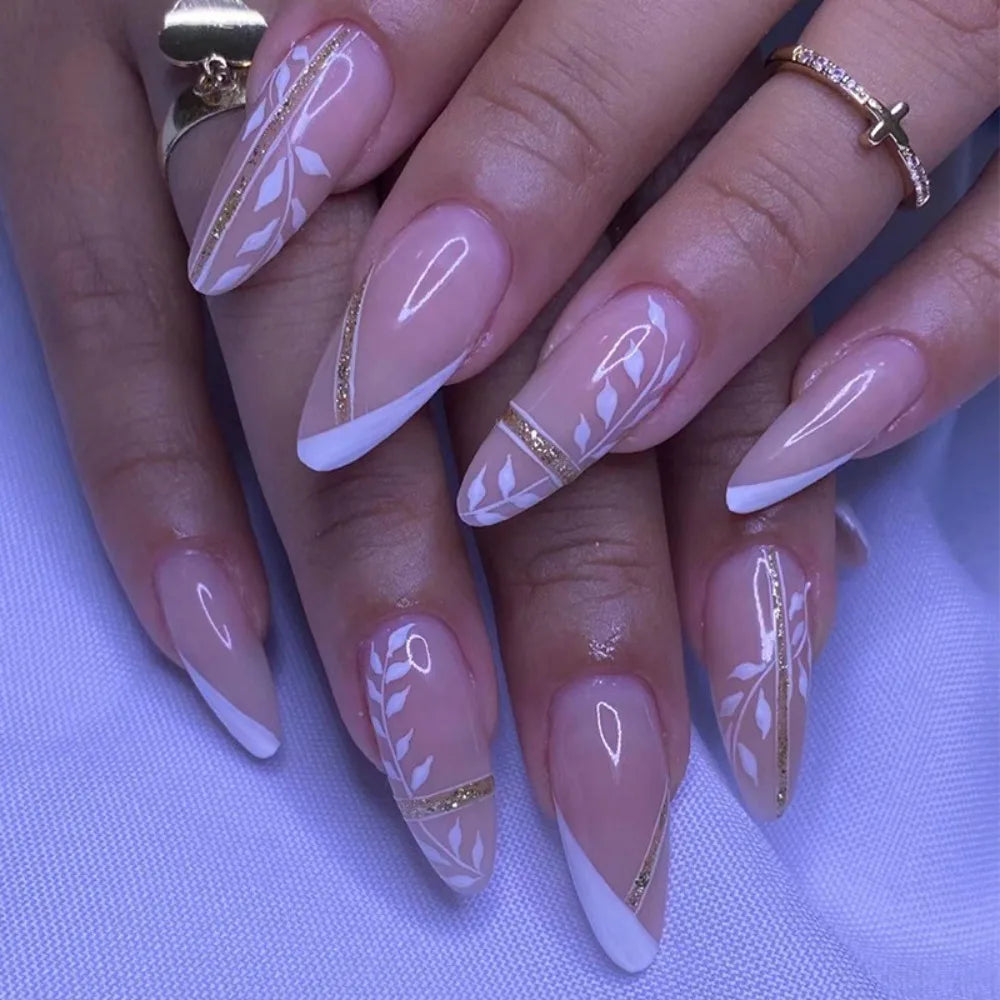 24Pcs Detachable Acrylic False Nails Press On Nail Cute Cherry French Almond Wearable Artificial Fake Nails Full Cover Nail Tips