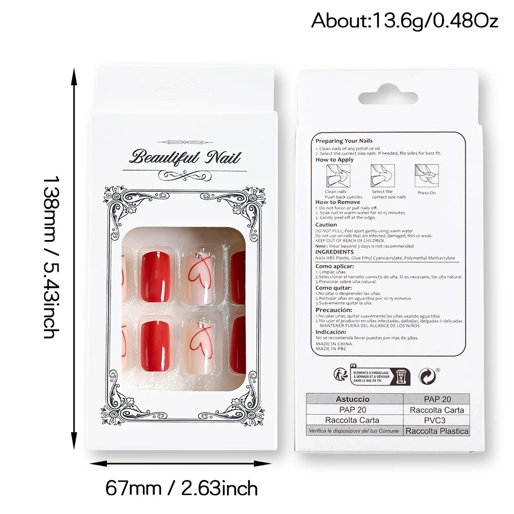 24Pcs Glossy Black Valentine's Day Press On Nails Cute Short Square Hollow Love Heart False Nails Full Cover Acrylic Nails Tips