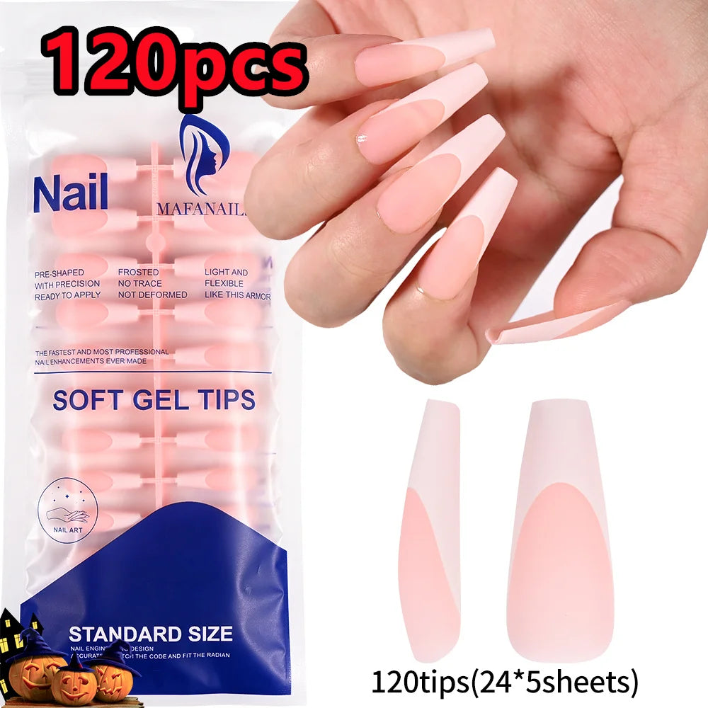 120/240Pcs Nude Pink Almond Press On Nails White-Edge French Glossy Almond Fake Nails Full Cover Soft Gel Nude Pink Nail Tips
