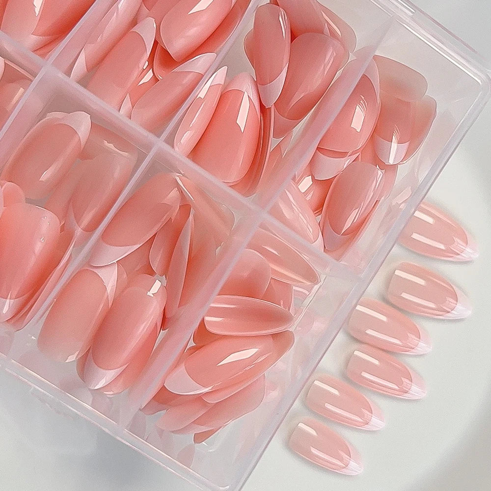 120/240Pcs Nude Pink Almond Press On Nails White-Edge French Glossy Almond Fake Nails Full Cover Soft Gel Nude Pink Nail Tips
