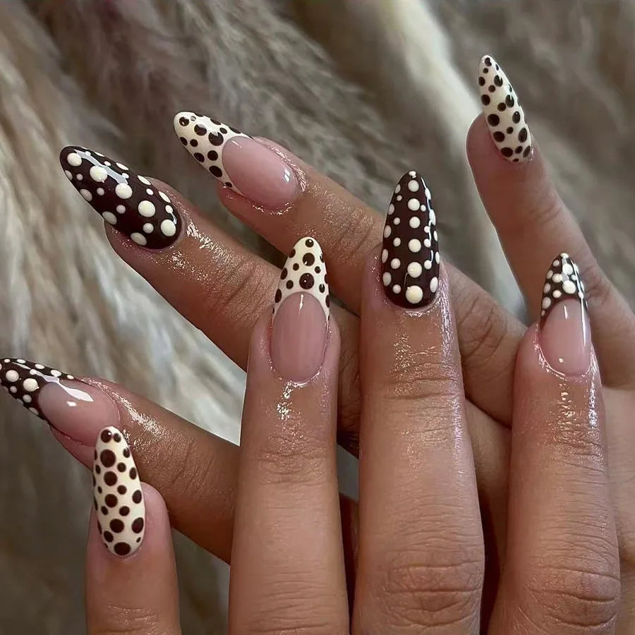 24pcs Blue Press on Nails with Polka Dot Pattern Design Almond Full Cover Nail Tip Flower Rhinestone False Nail French Fake Nail