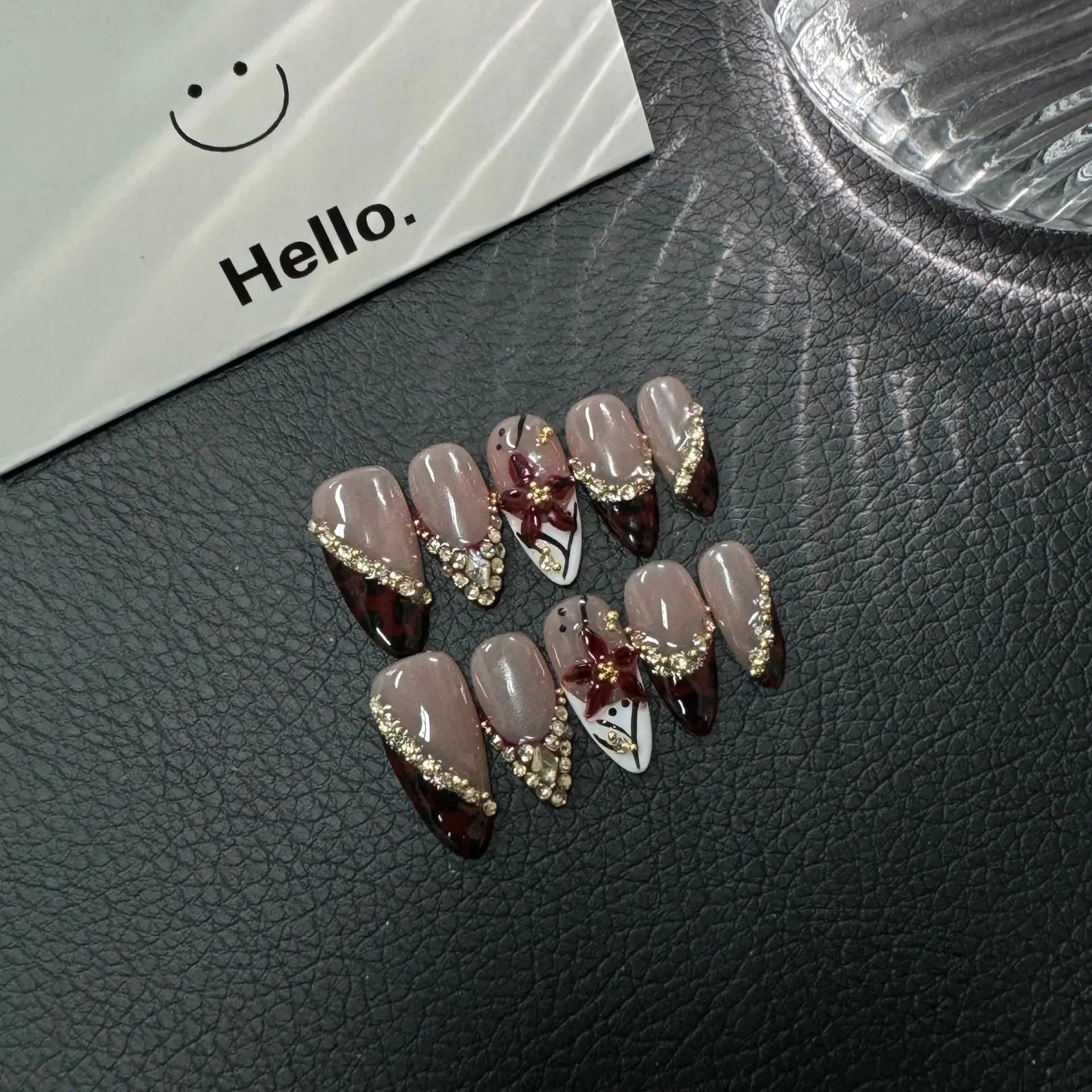 10pcs Handmade Fake Nails 3D Sculpted French Almond Manicure Press on Nail Mid-Length Ladder Nail Art Removable Wearable Nail