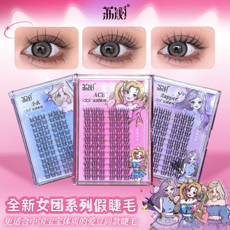 Lishu 72 Clusters False Eyelashes Manga Reusable Natural Cute Thick Long Fluffy Lashes Daily Makeup Enlarge Eyes