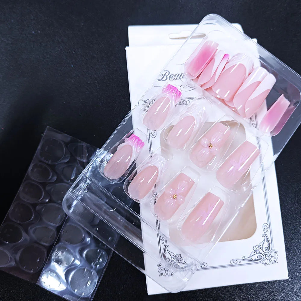 24Pcs/boxed Gradient Pink Flowers Fake Nails With 3D Carving Blossom Flowers Press On Nails Christmas Wearable False Nail Sets