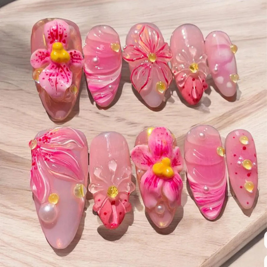 24Pcs Mid-length Gilded Almond Nails Set Press on 3D Flower Gradient Pink Full Cover False Nails Tips Pearl Reusable Fake Nails