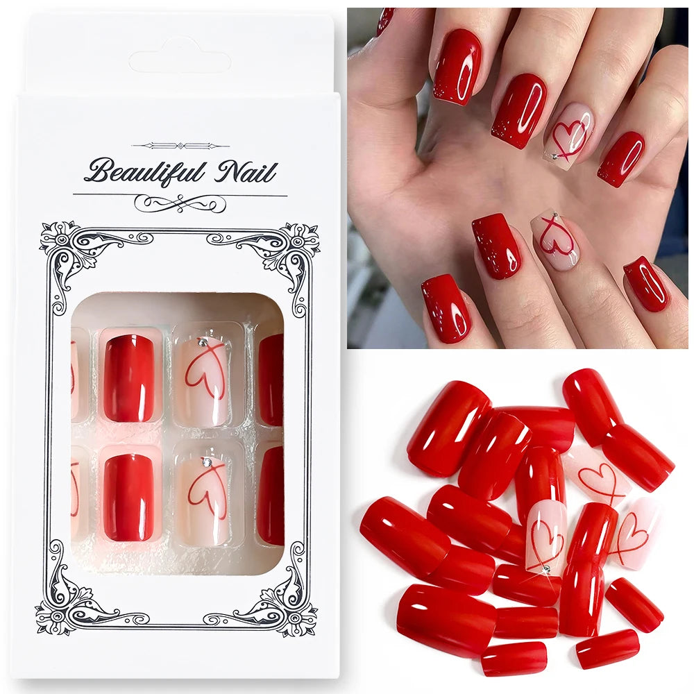 24Pcs Glossy Black Valentine's Day Press On Nails Cute Short Square Hollow Love Heart False Nails Full Cover Acrylic Nails Tips