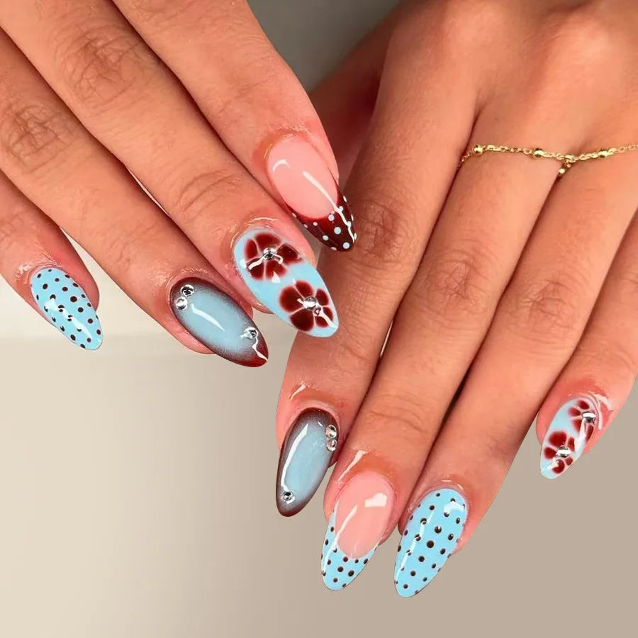 24pcs Blue Press on Nails with Polka Dot Pattern Design Almond Full Cover Nail Tip Flower Rhinestone False Nail French Fake Nail