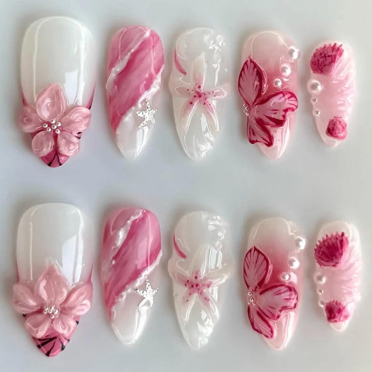 24Pcs Mid-length Gilded Almond Nails Set Press on 3D Flower Gradient Pink Full Cover False Nails Tips Pearl Reusable Fake Nails