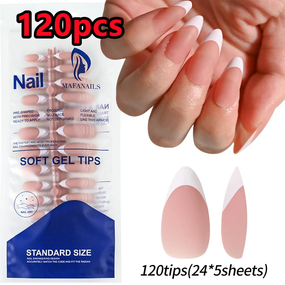 120/240Pcs Nude Pink Almond Press On Nails White-Edge French Glossy Almond Fake Nails Full Cover Soft Gel Nude Pink Nail Tips