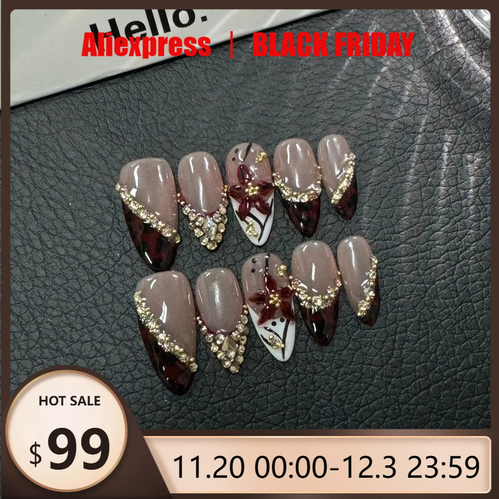 10pcs Handmade Fake Nails 3D Sculpted French Almond Manicure Press on Nail Mid-Length Ladder Nail Art Removable Wearable Nail