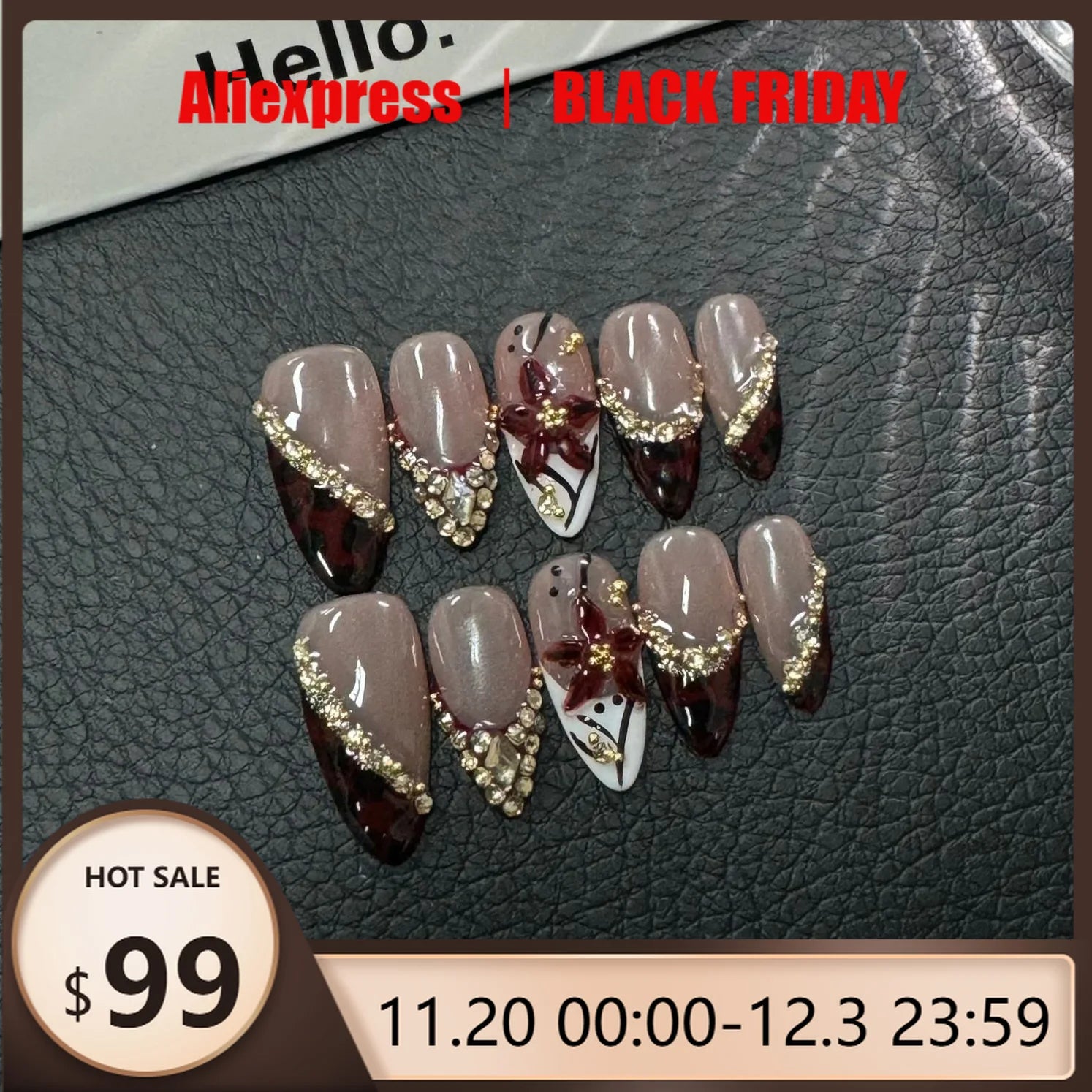 10pcs Handmade Fake Nails 3D Sculpted French Almond Manicure Press on Nail Mid-Length Ladder Nail Art Removable Wearable Nail