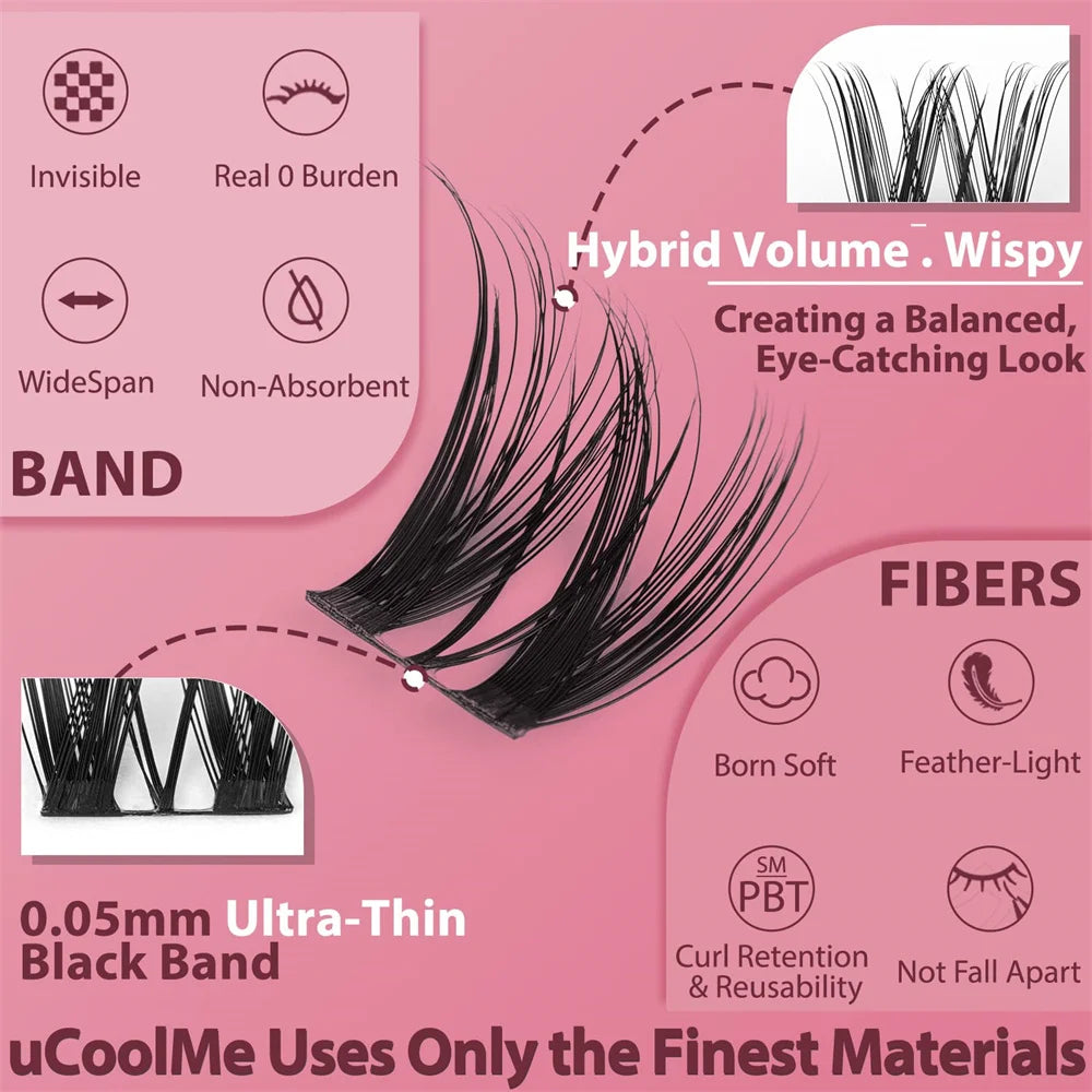 uCoolMe DIY Eyelashes Extension Flora 0.05mm D Curl Handmade 8-18mm Natural Wide Span Wispy Lash Clusters False Lashes Bundles