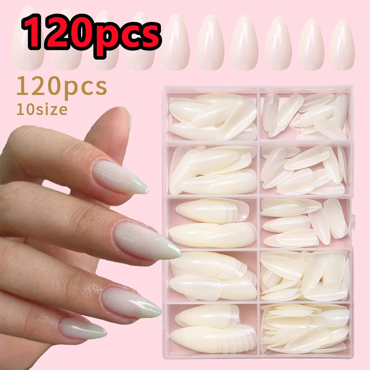 120/240Pcs Nude Pink Almond Press On Nails White-Edge French Glossy Almond Fake Nails Full Cover Soft Gel Nude Pink Nail Tips