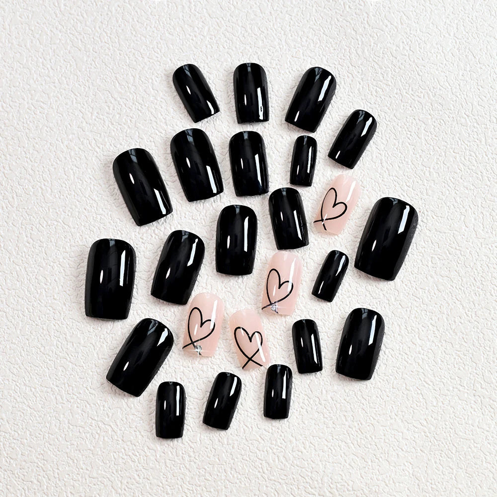 24Pcs Glossy Black Valentine's Day Press On Nails Cute Short Square Hollow Love Heart False Nails Full Cover Acrylic Nails Tips