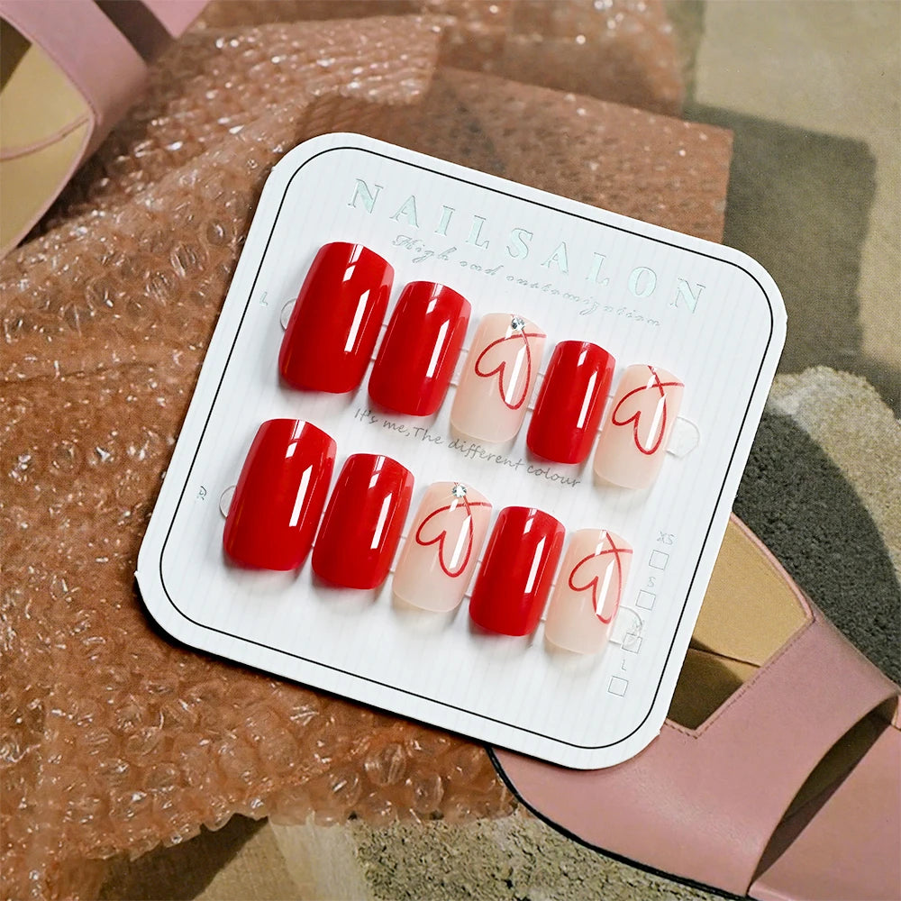 24Pcs Glossy Red Love Heart Press On Nails Cute Valentine's Day Short Square Red Heart False Nails Full Cover Acrylic Nails Tips