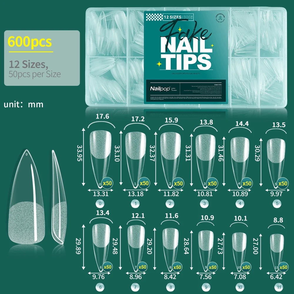 Nailpop 600PCS Soft Gel X Nail Tips Full Cover Coffin Stiletto Fake Nails Extra Short Almond Square Soak Off Gel False Nail Tips