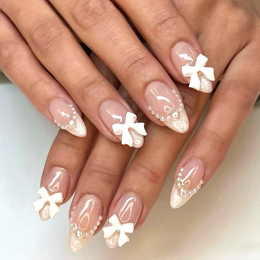 24Pcs/boxed Gradient Pink Flowers Fake Nails With 3D Carving Blossom Flowers Press On Nails Christmas Wearable False Nail Sets