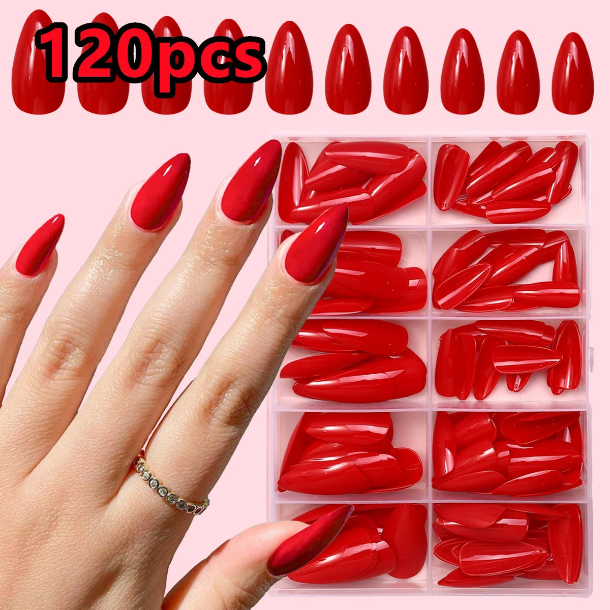 120/240Pcs Nude Pink Almond Press On Nails White-Edge French Glossy Almond Fake Nails Full Cover Soft Gel Nude Pink Nail Tips