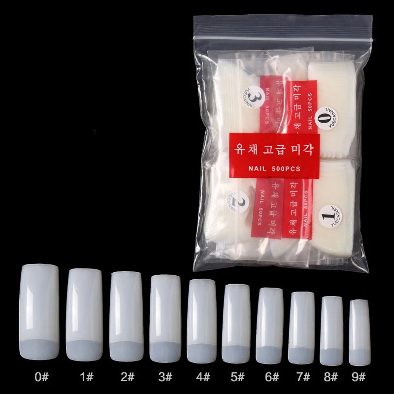 Set of 500 Natural Clear Full Cover False Nails with French Half Tips for Nail Art Manicure 10 Sizes