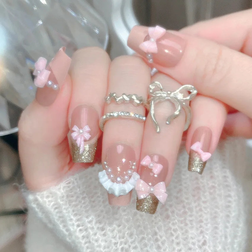 Blush Pink False Nails Bowknot Diamond Pearl 3D Design Press on Nail Tips with Harmless Smooth Edge Nails Woman DIY Fake Nails