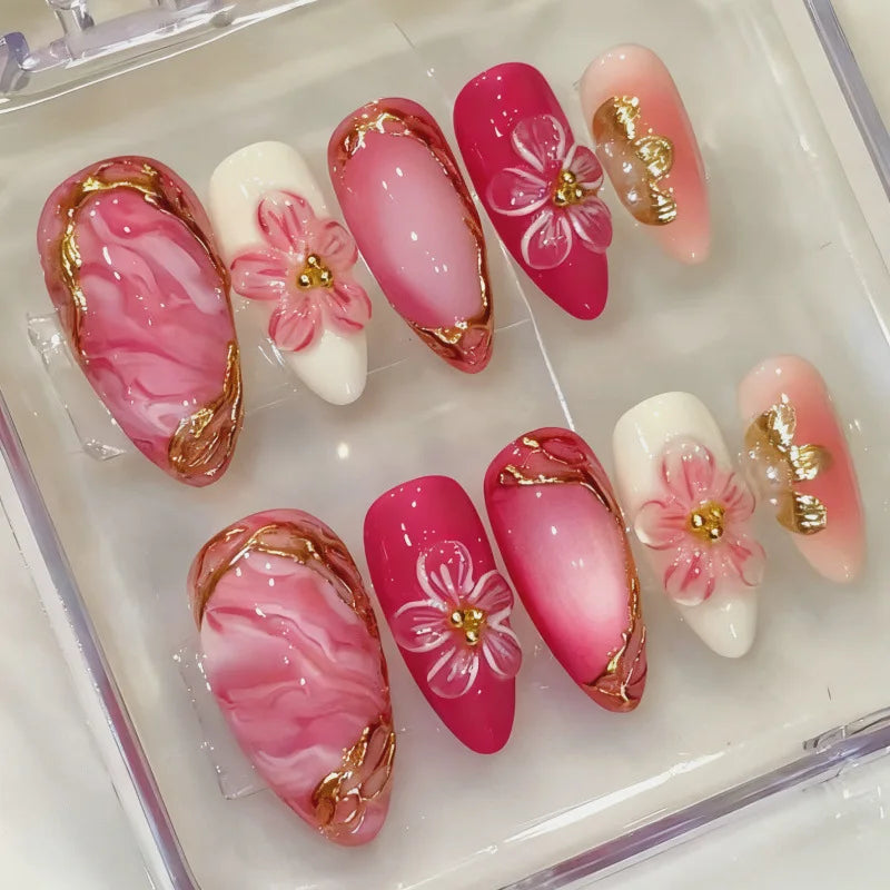 24Pcs Mid-length Gilded Almond Nails Set Press on 3D Flower Gradient Pink Full Cover False Nails Tips Pearl Reusable Fake Nails