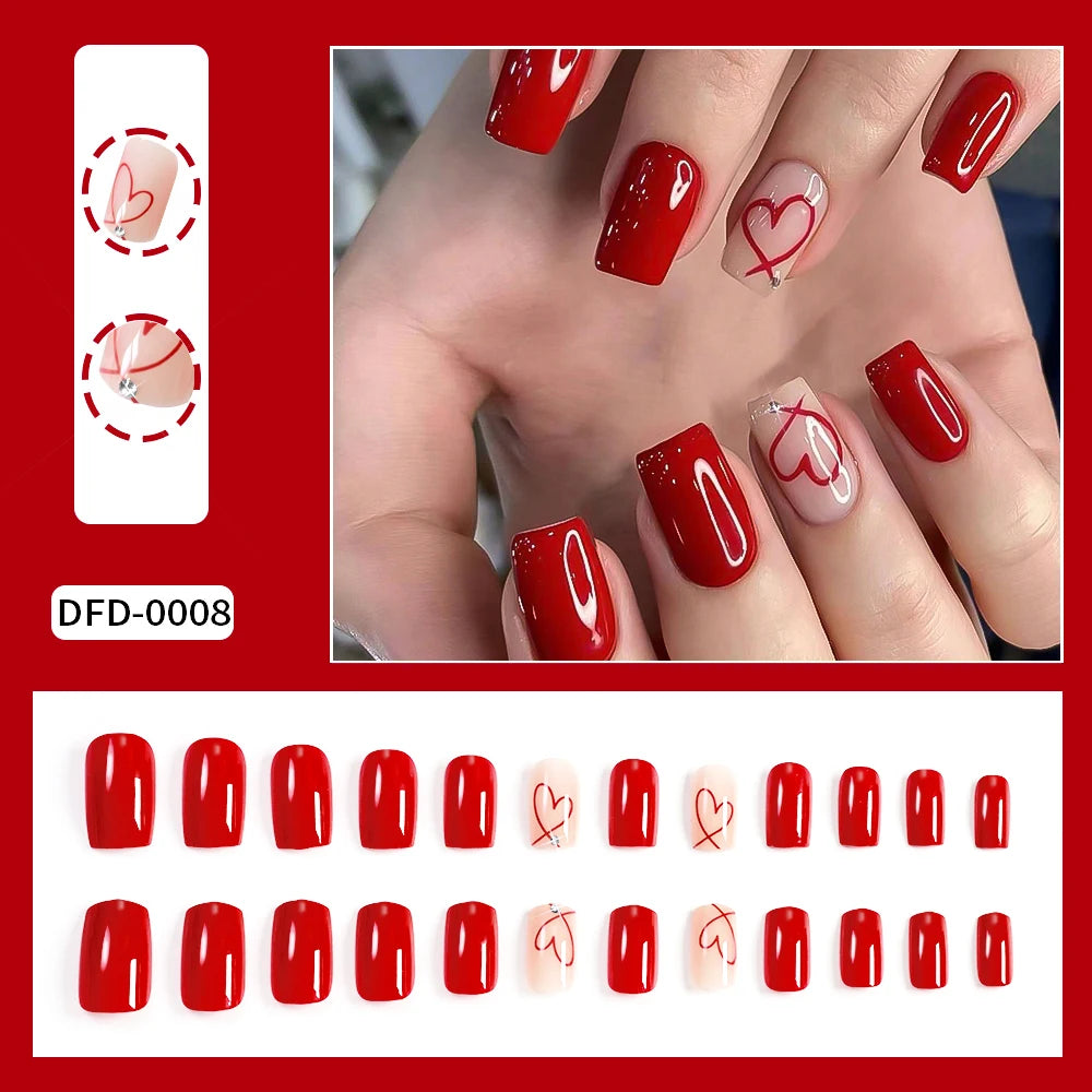 24Pcs Glossy Black Valentine's Day Press On Nails Cute Short Square Hollow Love Heart False Nails Full Cover Acrylic Nails Tips