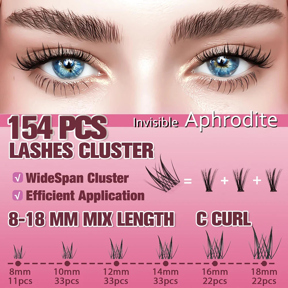 uCoolMe Lashes Aphrodite Natural 154 Pcs Lashes Cluster Kit C Curl Wispy Beginner Friendly Waterproof False Eyelashes Extension