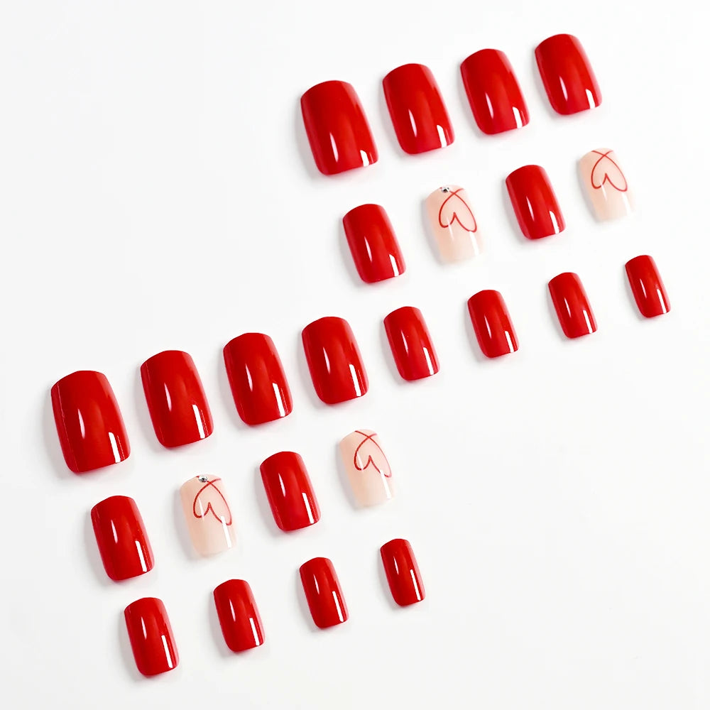 24Pcs Glossy Red Love Heart Press On Nails Cute Valentine's Day Short Square Red Heart False Nails Full Cover Acrylic Nails Tips