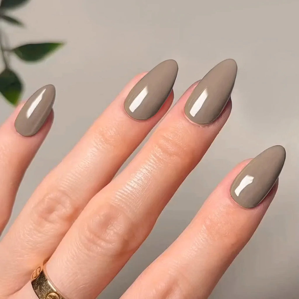Classic Glossy Solid Color Long Pointed Fake Nails Brown Green Grey Blue Detachable Finished False Nails Press on Nail with Glue