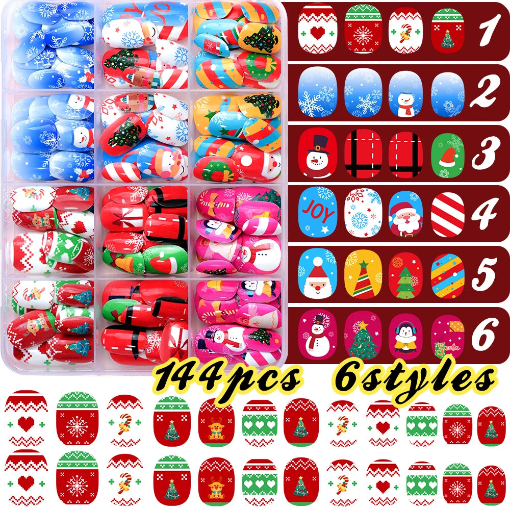12gridsx12=144pcs Christmas Children Fake Nails Red/Blue Square Round Press On Nails With Cartoon Snowman/Snowflake Nail Tips