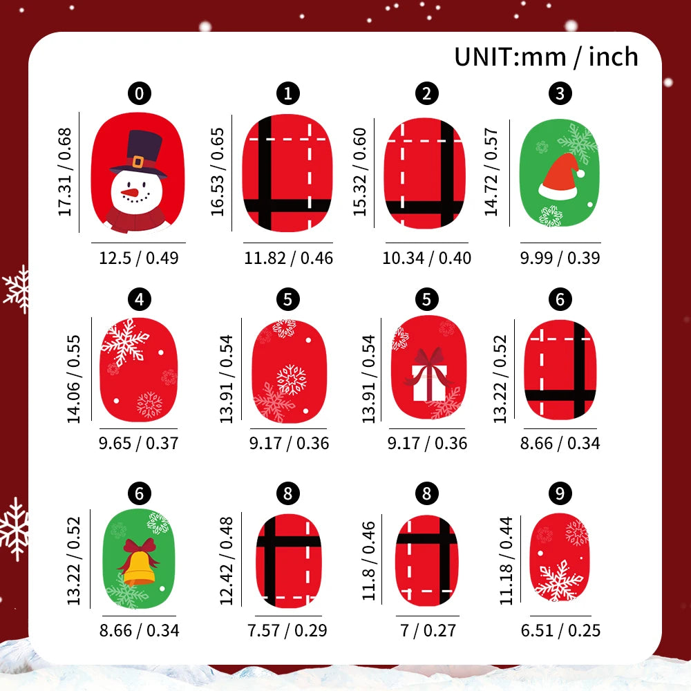 12gridsx12=144pcs Christmas Children Fake Nails Red/Blue Square Round Press On Nails With Cartoon Snowman/Snowflake Nail Tips